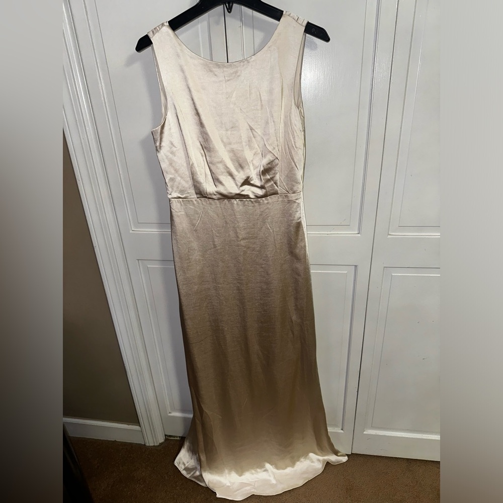 Champagne colored floor length dress sz M. Open back w/ full coverage front